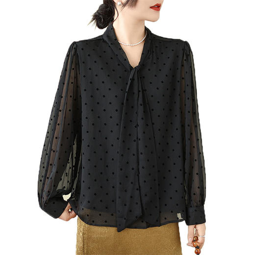 AHMxhj8238 2025春季新款大码波点衬衫法式防晒衫蝴蝶结系带泡泡袖气质上衣 商品图4