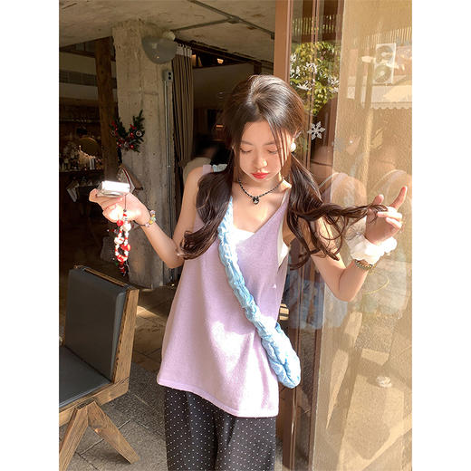 <曾小咸推荐>慵懒风无袖外穿紫色针织吊带背心上衣 商品图0