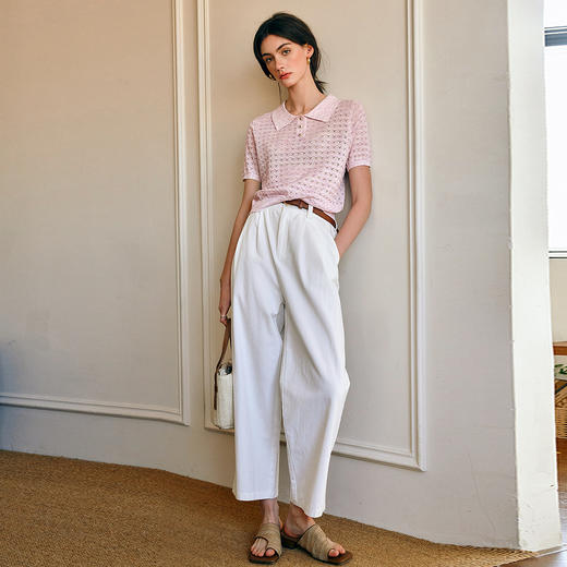 OLrain欧芮儿2025夏季新款POLO领粉色系通勤镂空短袖针织T恤衫女 商品图3