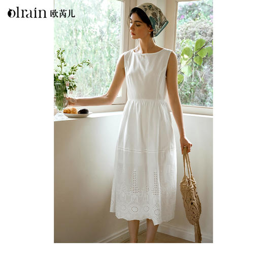 OLrain欧芮儿白色背心法式复古连衣裙女春季2025年新款收腰背带裙 商品图0