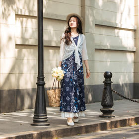 【林栖设计小店】（少量现货）纯棉连衣裙传统水田蓝印花铁线莲花纹复古气质2025春夏新品无袖长裙女1952011