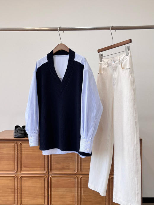 𝐂𝐨𝐬 同款早春藏青条纹衬衫拼接V领针织衫 商品图7