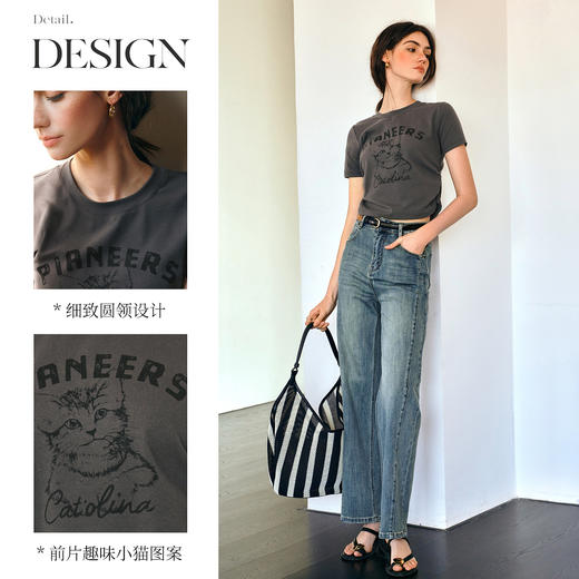 Olrain欧芮儿2025新款夏季休闲减龄短袖趣味小猫图案短款T恤女 商品图1