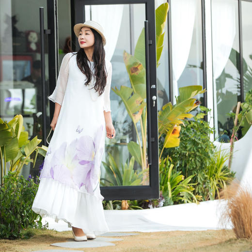 【林栖设计小店】桑蚕丝印花连衣裙紫荆花宽松2025夏季新品花仙子长裙女1952103 商品图0