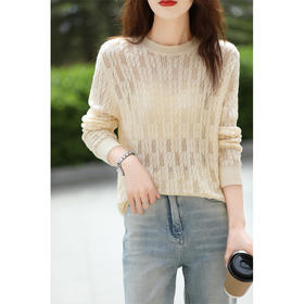 扭花镂空精纺羊毛衫 | 莎岚伊陌 女士春秋款圆领显瘦落肩微透毛衣上衣