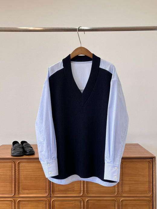 𝐂𝐨𝐬 同款早春藏青条纹衬衫拼接V领针织衫 商品图5