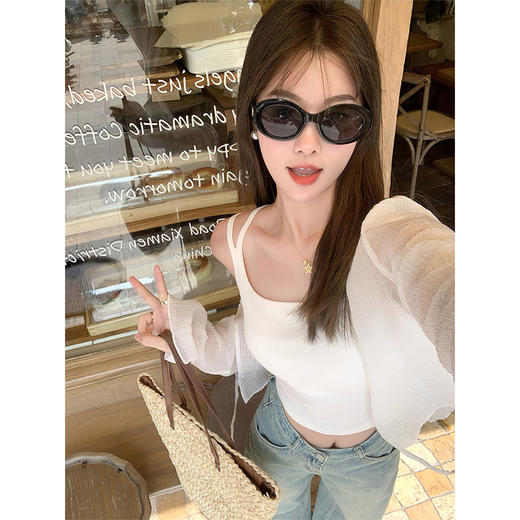 <曾小咸推荐>休闲白色长袖绑带防晒短款开衫 商品图2