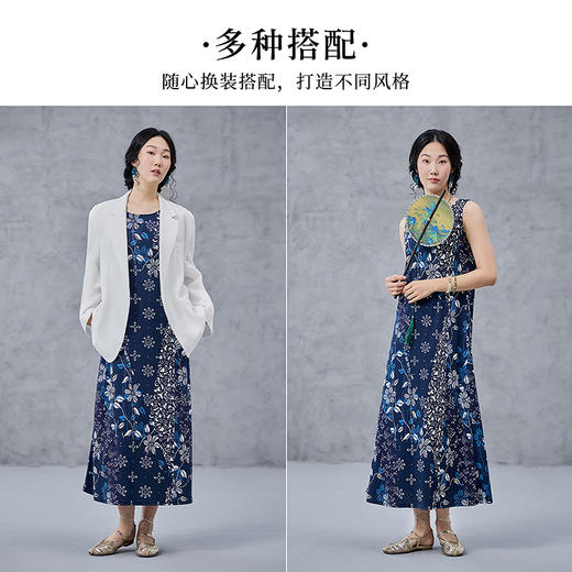 【林栖设计小店】（少量现货）纯棉连衣裙传统水田蓝印花铁线莲花纹复古气质2025春夏新品无袖长裙女1952011 商品图5