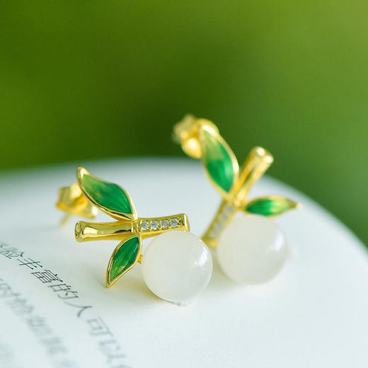 925银新中式古风珐琅竹节叶子，镶嵌和田玉珠子玉耳环耳钉2686-2 商品图2