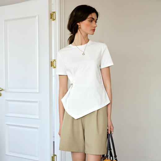 OLrain欧芮儿不规则设计感白色短袖T恤女春季2025年新款修身上衣 商品图3