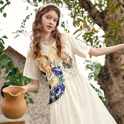 两三事梵高文艺馥郁诗意2025春季新款荷叶边翻领印花布拼接连衣裙S25CLY389 商品图2