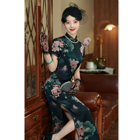 港风阔太太长款短袖旗袍GX36537