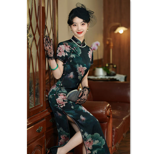 港风阔太太长款短袖旗袍GX36537 商品图0