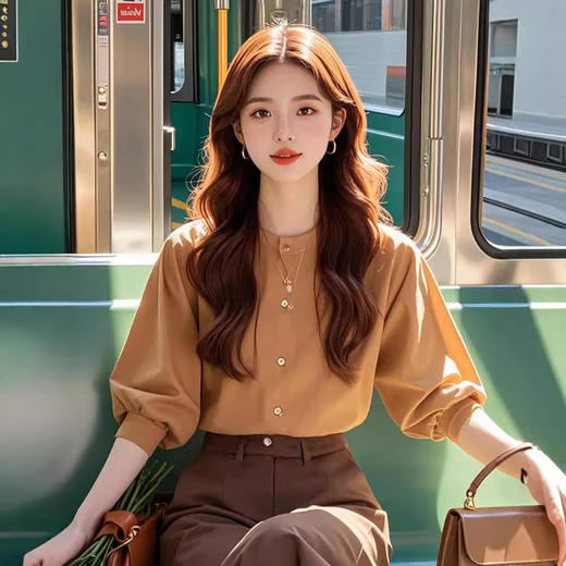 洋气职业小香风咖色衬衫阔腿裤子套装 商品图3