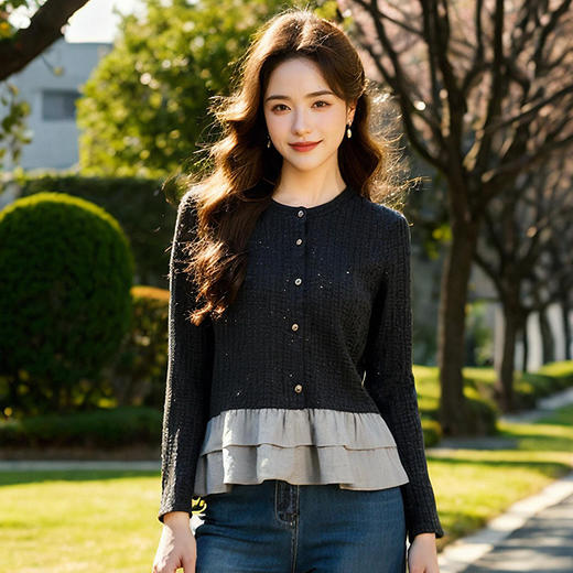 奢姿大码女装2025春季减龄荷叶边假两件针织衫胖妹妹时尚拼接上衣9951658072 商品图2