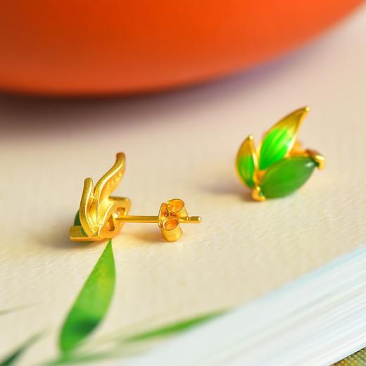 玉耳环新中式古风绿色冷珐琅，竹叶925银镀金镶和田碧玉耳钉12266-6 商品图0