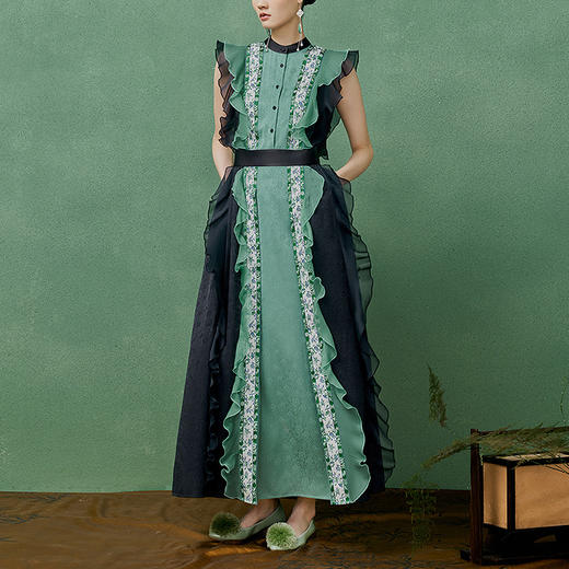 【林栖设计小店】提花连衣裙优雅荷叶边收腰显瘦2025春夏新品无袖长裙女1952094 商品图0