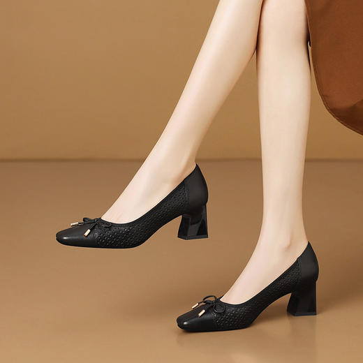 【预售5天】方头粗跟浅口女鞋，镂空洞洞鞋真皮中跟单鞋HY&H3618 商品图2