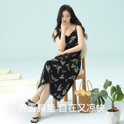 【抗菌新疆棉】自然醒「入夏私语」睡裙女夏季吊带7A抗菌纯棉防凸点带胸垫可外穿连衣裙JLM 商品图4