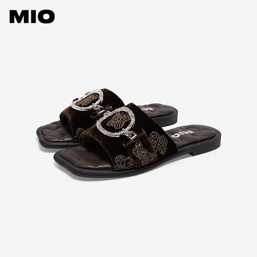 MIO米奥拖鞋女丝绒蝴蝶复古低跟方头外穿度假凉鞋M253131943 商品图2