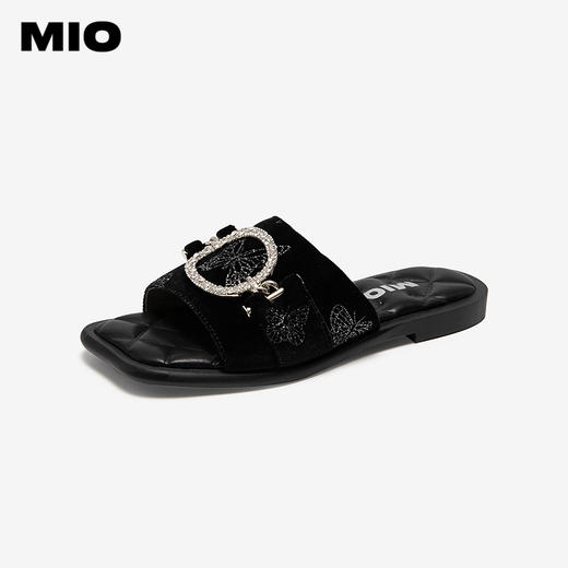 MIO米奥拖鞋女丝绒蝴蝶复古低跟方头外穿度假凉鞋M253131943 商品图1