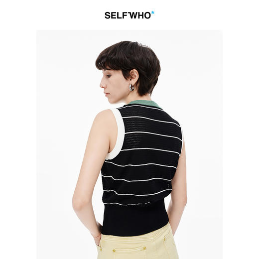 【笑脸衣橱】SELFWHO笑脸衣橱条纹针织马甲背心女2025夏新款收腰无袖短款马夹 商品图5