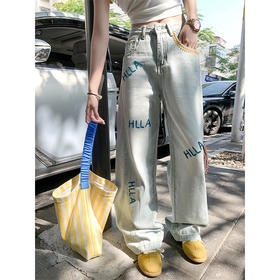 <曾小咸推荐>美式街头字母刺绣阔腿牛仔裤