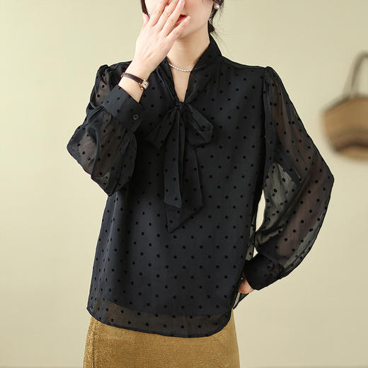 AHMxhj8238 2025春季新款大码波点衬衫法式防晒衫蝴蝶结系带泡泡袖气质上衣 商品图3