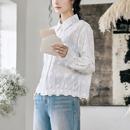 【林栖设计小店】2025春夏新品棉混纺花边绣花长袖白衬衣女1952167 商品图1