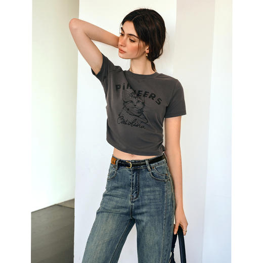 Olrain欧芮儿2025新款夏季休闲减龄短袖趣味小猫图案短款T恤女 商品图3