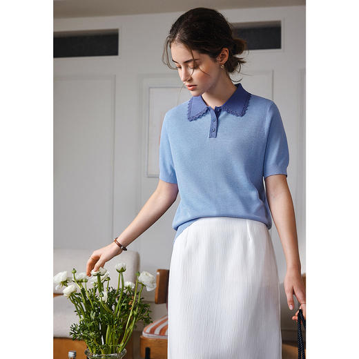 OLrain欧芮儿2025夏季新款POLO领法式通勤短袖毛针织套头衫上衣女 商品图1