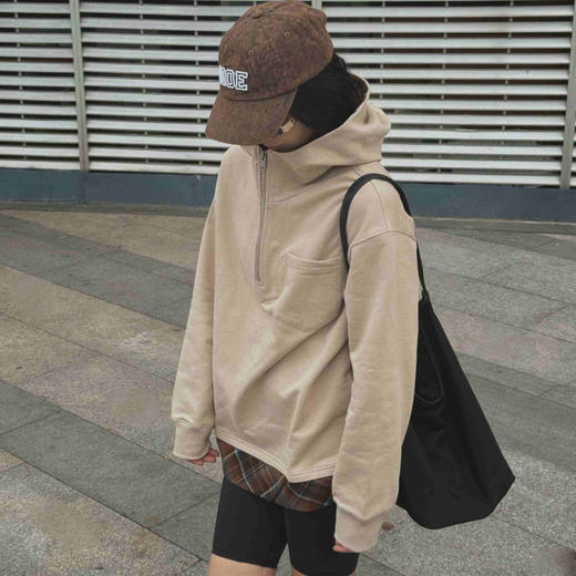 顺丰包邮洛诗琳11723早春新款松弛感连帽半拉链休闲撞色卫衣520 商品图1