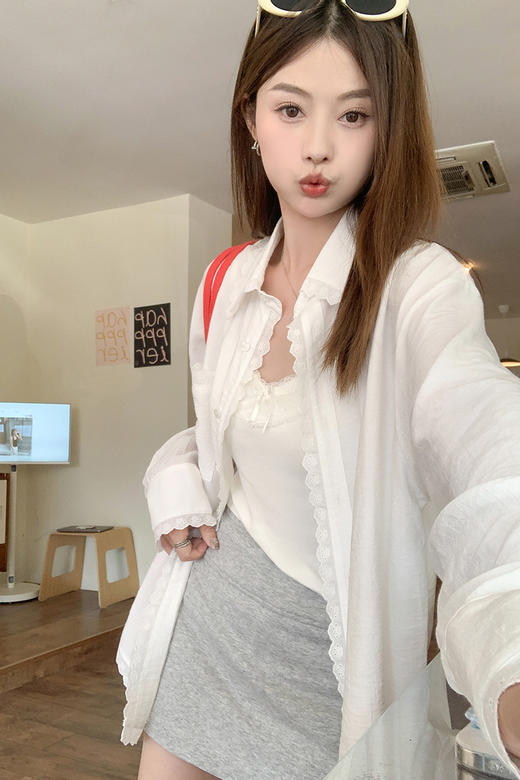 <曾小咸推荐>休闲百搭白色甜美蕾丝边宽松衬衫 商品图5
