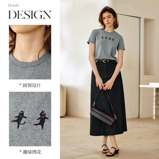 OLrain欧芮儿2025新款夏季猫咪趣味绣花正肩简约短袖T恤女上衣 商品图1