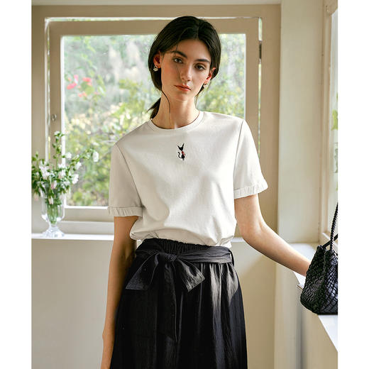 OLrain欧芮儿白色设计感简约T恤女春季2025新款宽松刺绣休闲上衣 商品图0