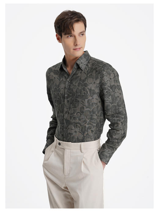 callisto山海系列海藻绿植物印花亚麻休闲衬衫 商品图3