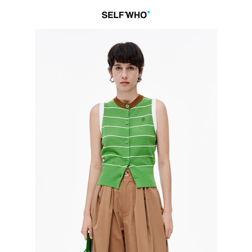 【笑脸衣橱】SELFWHO笑脸衣橱条纹针织马甲背心女2025夏新款收腰无袖短款马夹 商品图2