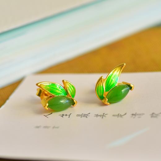 玉耳环新中式古风绿色冷珐琅，竹叶925银镀金镶和田碧玉耳钉12266-6 商品图3