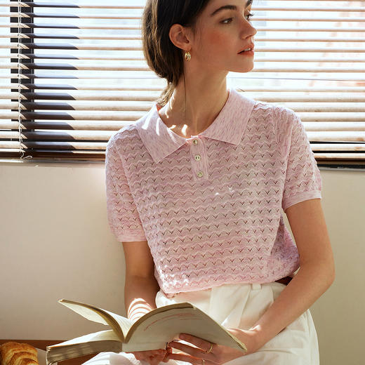 OLrain欧芮儿2025夏季新款POLO领粉色系通勤镂空短袖针织T恤衫女 商品图1