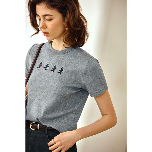 OLrain欧芮儿2025新款夏季猫咪趣味绣花正肩简约短袖T恤女上衣 商品图2