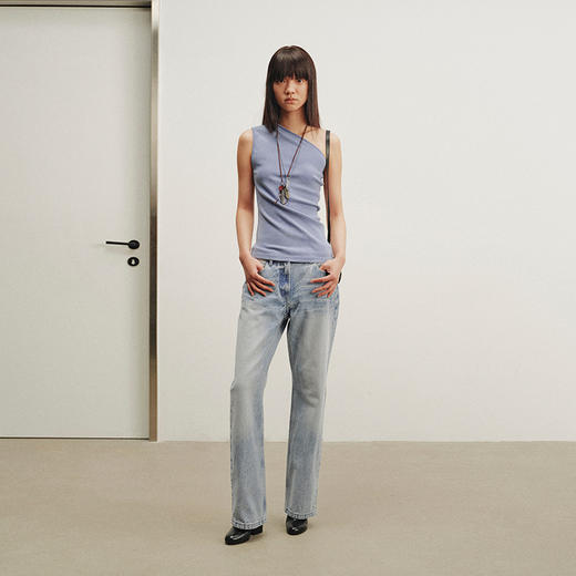 NUTH复古做旧手工洗水猫须修身直筒牛仔裤女 洗水浅蓝色 商品图0