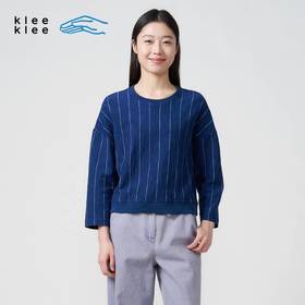 2楼素然靛蓝染条纹针织8分袖套头衫吊牌价995