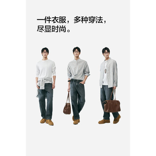 棉仓362804006-微宽松全棉砂洗条纹立领长袖衬衫 商品图3