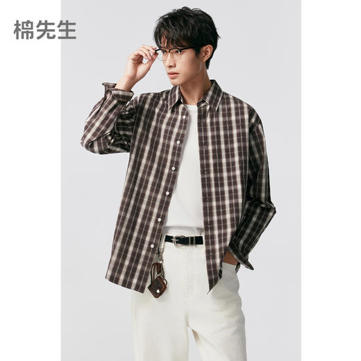 棉仓356804014-微宽松全棉色织格纹翻领长袖衬衫 商品图0
