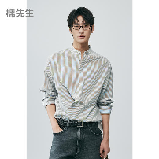 棉仓362804006-微宽松全棉砂洗条纹立领长袖衬衫 商品图0