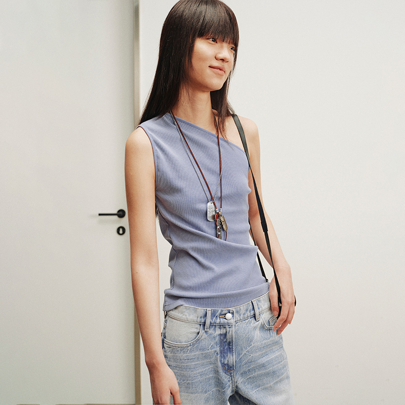 NUTH斜领露肩背心洗褪做旧弹力修身单肩背心女 雾霾蓝色/藏蓝色