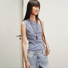 NUTH斜领露肩背心洗褪做旧弹力修身单肩背心女 雾霾蓝色/藏蓝色 商品缩略图0