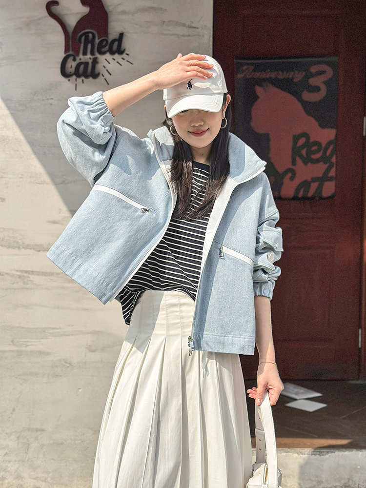 现货 THS-无 蒙克家 春色新浅牛仔 撞色拉链外套 BF1059