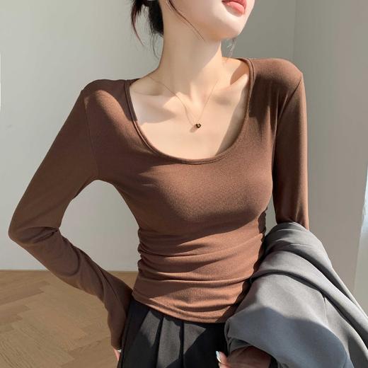 买1送1 椰绒大U领打底衫春秋磨毛内搭t桖长袖收腰修身遮肉褶皱上衣 商品图1