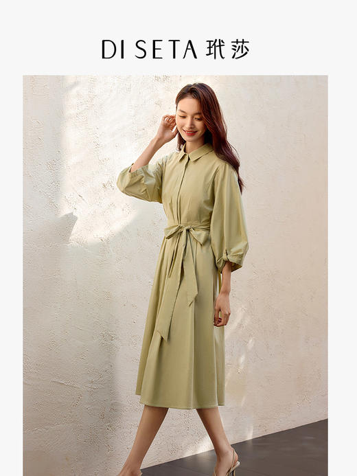 玳莎系带收腰衬衫式连衣裙2025春季新款通勤显瘦高级中长款裙子  FA35301 商品图1